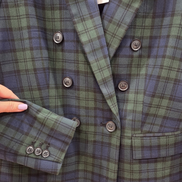 NWT LOFT Green and Navy Plaid Double-Breasted Blazer - Picture 3 of 8